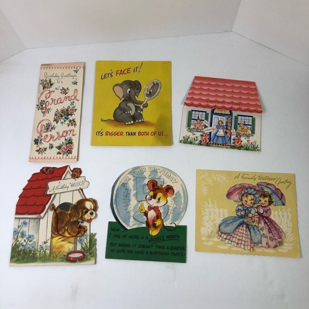 vintage greeting cards lot‎ of 6 happy birthday mouse elephant dog house girls